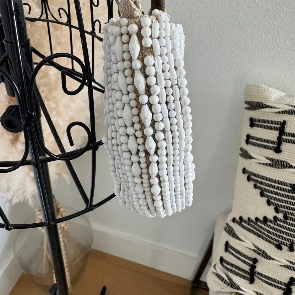 ZARA White Beaded Boho Half Moon Wooden Top Handle Convertible Bag Chain Strap - Picture 4 of 10